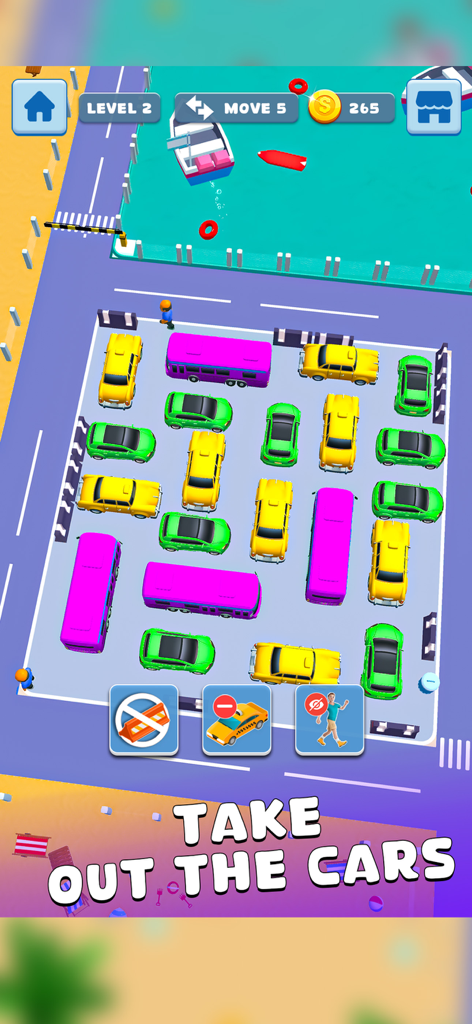 Car Jam Vehicle Escape - Captura de pantalla del juego del puzzle Car Jam mostrando coches y autobuses de colores en una cuadrícula de estacionamiento
