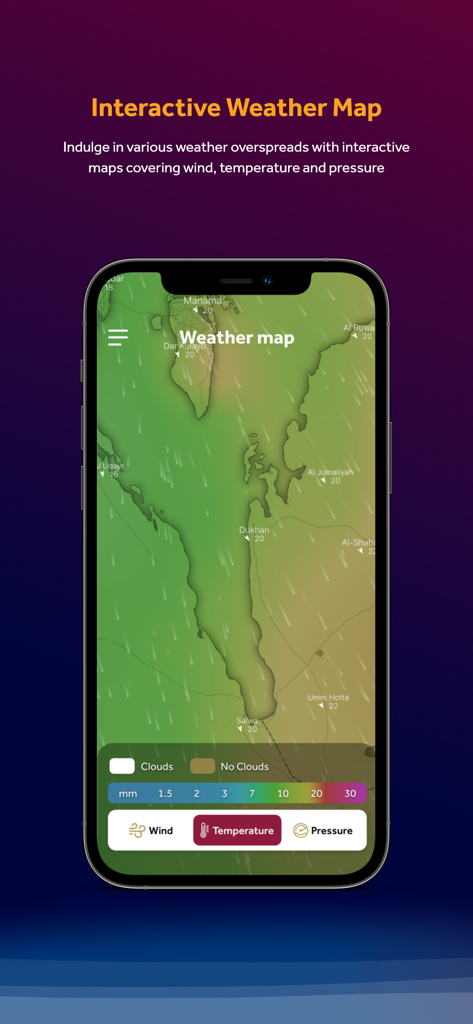 카타르 전역의 바람 및 온도 패턴을 보여주는 Q Weather 앱의 대화형 날씨 지도