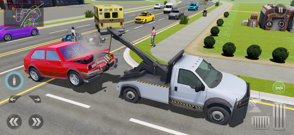 Truck Driving Games Simulator - A white tow truck towing a red car on a city street in the Truck Driving Games Simulator.