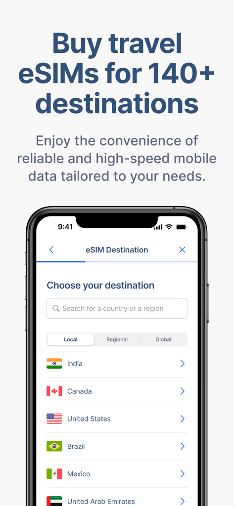 RemitBee Quick Money Transfer - RemitBee app screen showing travel eSIM options for over 140 destinations including India Canada and the US