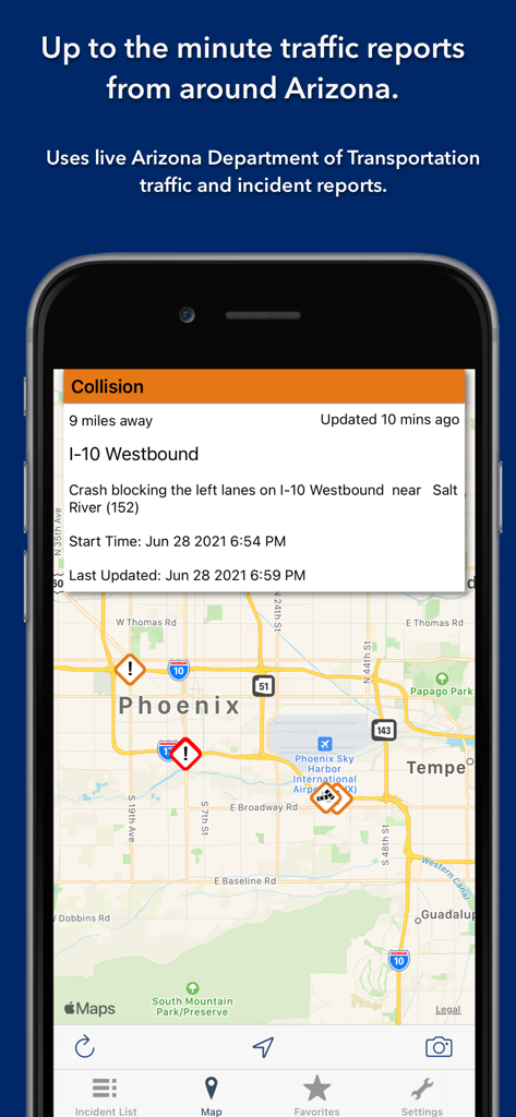A screenshot of the Arizona State Roads app showing a live collision alert on I-10 Westbound and an incident map of the Phoenix area.