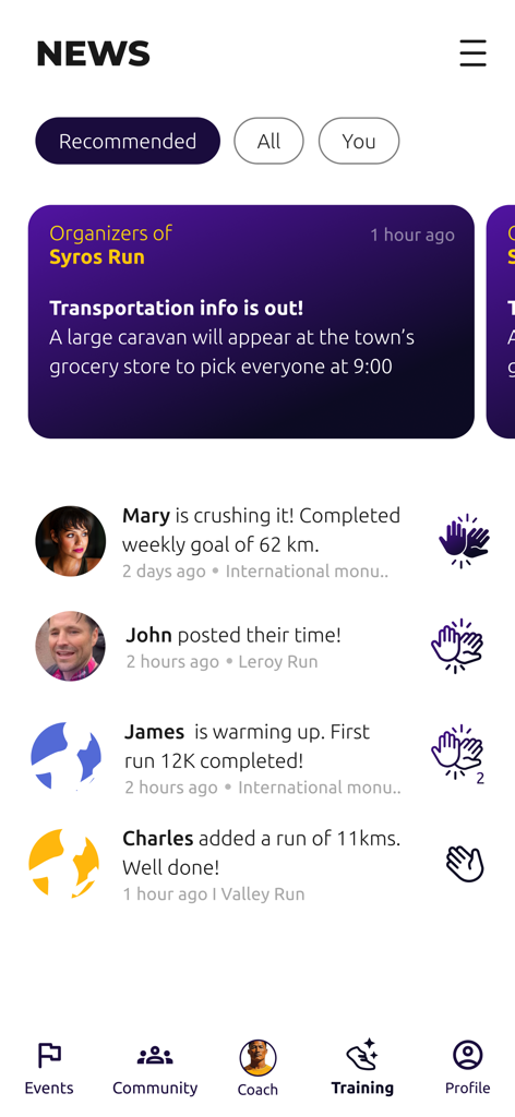 Pace Sports - A news and community feed in the Pace Sports app showing race organizer updates and social activity from other runners