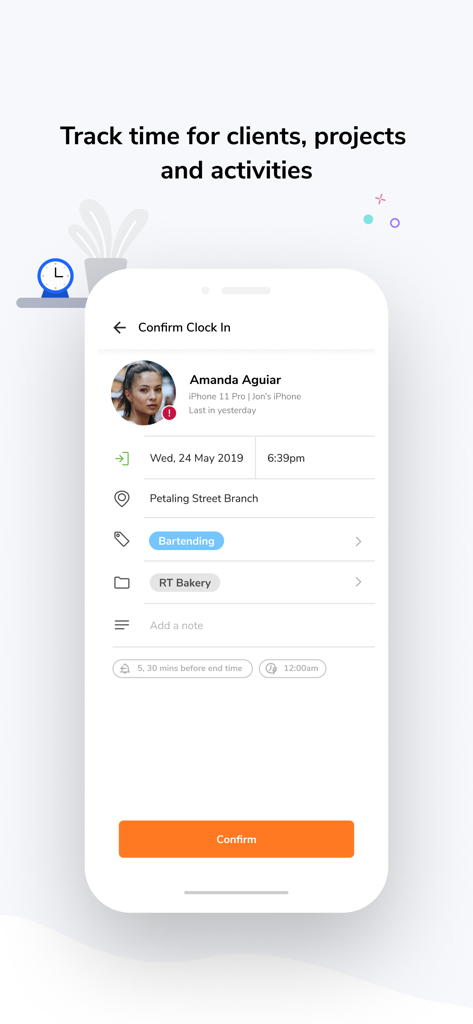 Jibble: Attendance Tracker - Mobile screen showing the Jibble app interface for an employee to confirm clocking in with location and activity details.