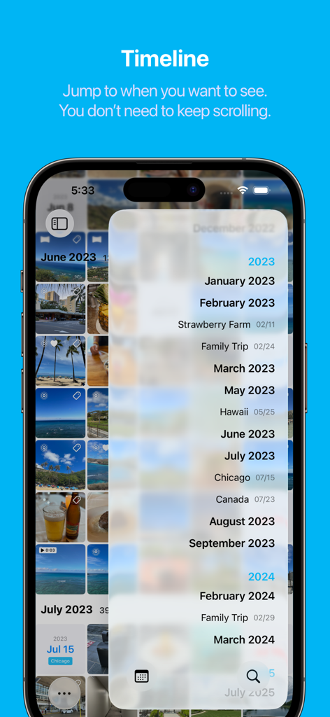 HashPhotos - HashPhotos app timeline interface for quick navigation through photos by date and event