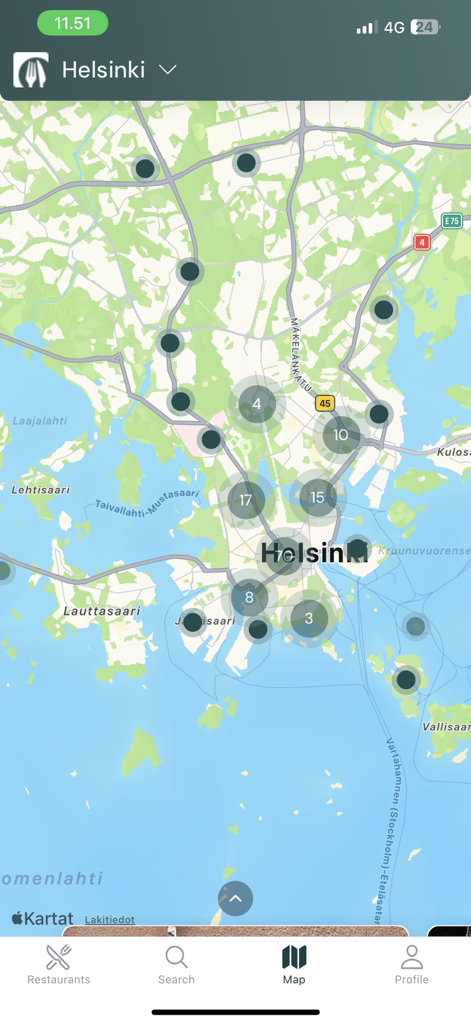 TableOnline - Reservations - Map of Helsinki showing restaurant locations and reservation options