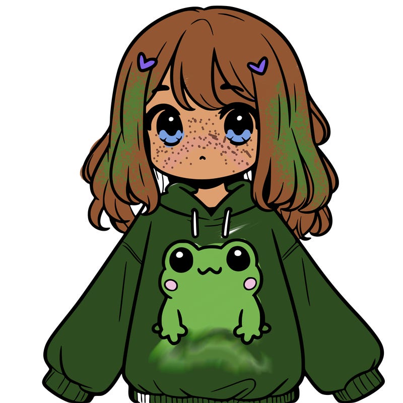 girl wearing frogging sweatshirt