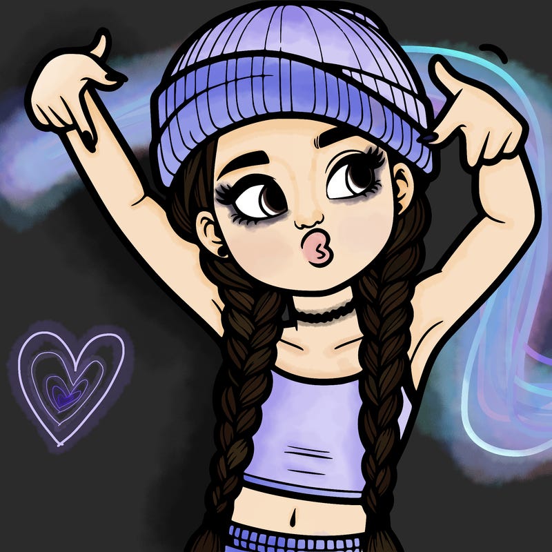 realistic teenage girl with braids and a beanie and crop top doing 🫶🏼