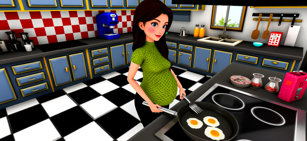 Una mujer embarazada animada en 3D cocinando huevos en una cocina durante un juego de simulación