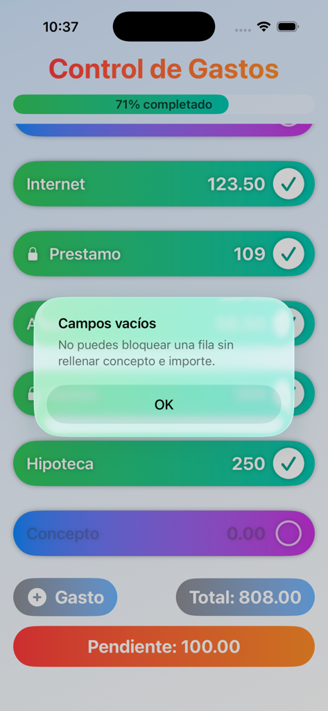 Control de Gastos Sencillo - Una interfaz de aplicación móvil para rastrear gastos que muestra una lista de facturas y un mensaje de error para campos vacíos