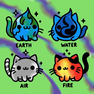 4 cats that represent the different elements, earth, water, air, and fire