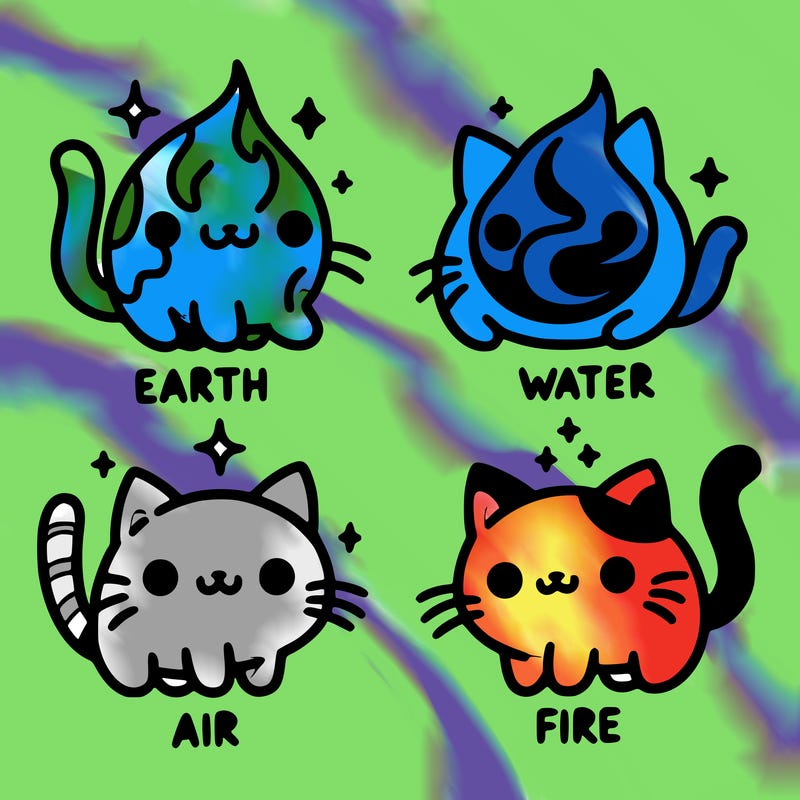 4 cats that represent the different elements, earth, water, air, and fire