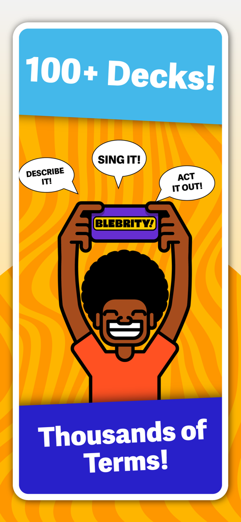 BLeBRiTY Charades - Destacado de las características del juego móvil BLeBRiTY Charades mostrando más de 100 mazos y miles de términos.
