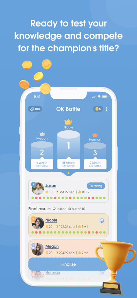 OK Battle - Tabla de clasificación de la aplicación OK Battle que muestra los principales ganadores y los resultados finales de una competencia de trivia.
