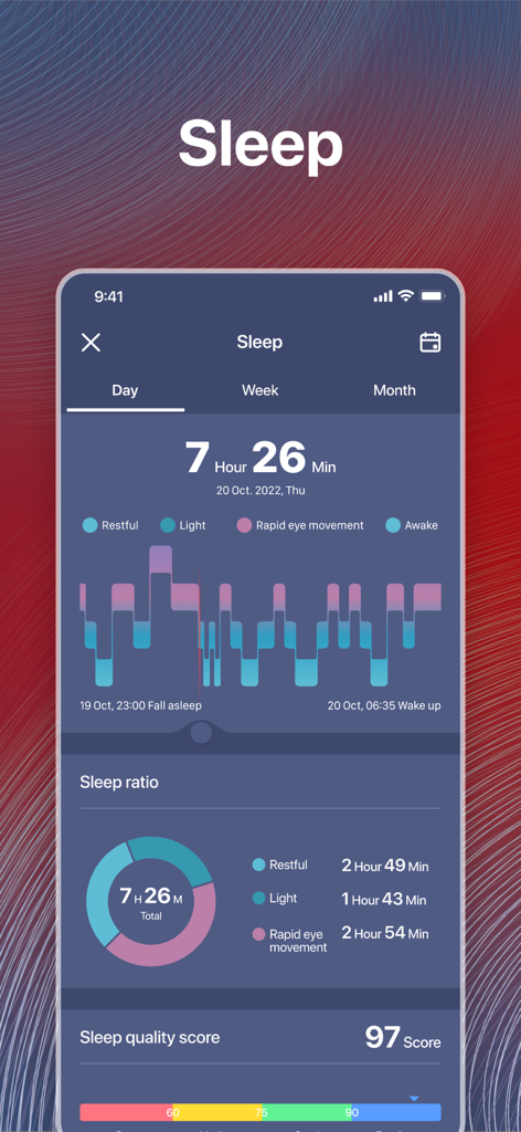 Promate XWatch - Promate XWatch app sleep analysis screen displaying total hours and sleep quality metrics.