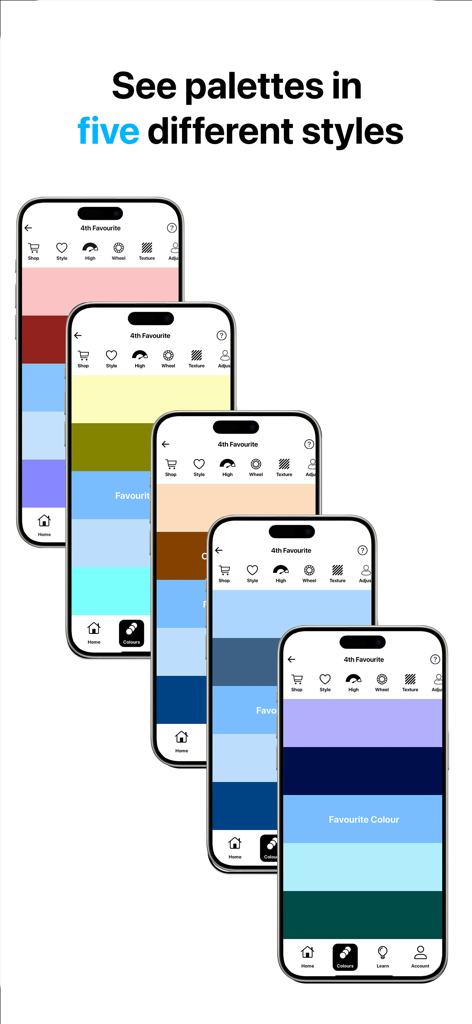 Colour Varia - Five different color palette styles displayed on iPhone screens in the Colour Varia app
