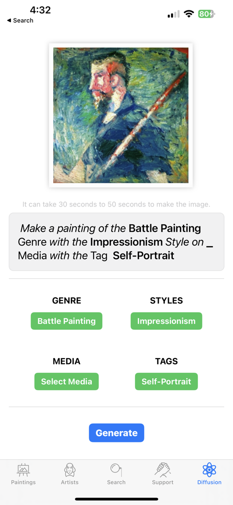 WikiArt - Interfaccia dell'app WikiArt che mostra un autoritratto impressionista generato dall'IA con opzioni per selezionare genere, stile ed etichette.
