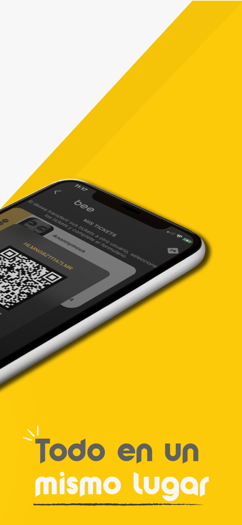 Bee App Ecuador - Mobile screen of the Bee App Ecuador showing the digital tickets section with a QR code and the slogan Todo en un mismo lugar