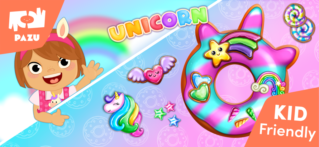 A colorful unicorn themed donut decorated with rainbows and stars in the Donut Maker kids cooking game.