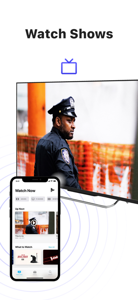 An iPhone mirroring a TV show to a large smart television screen using the MirrorMeister app