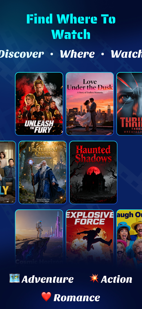 MovieBox app interface showing a gallery of movie posters across different genres like Action and Romance