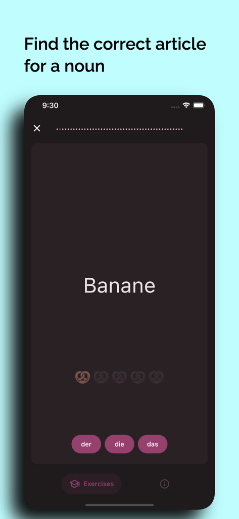 Interfaz de aplicación de aprendizaje de idiomas alemanes que muestra un ejercicio de opción múltiple para seleccionar el artículo correcto para el sustantivo Banane
