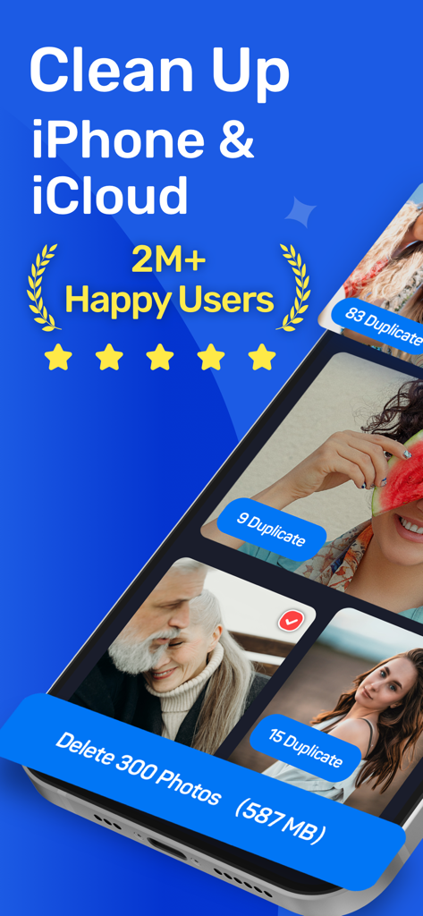 Fast Cleaner: Clean Storage - Fast Cleaner app interface showing duplicate photo removal and iPhone storage cleanup