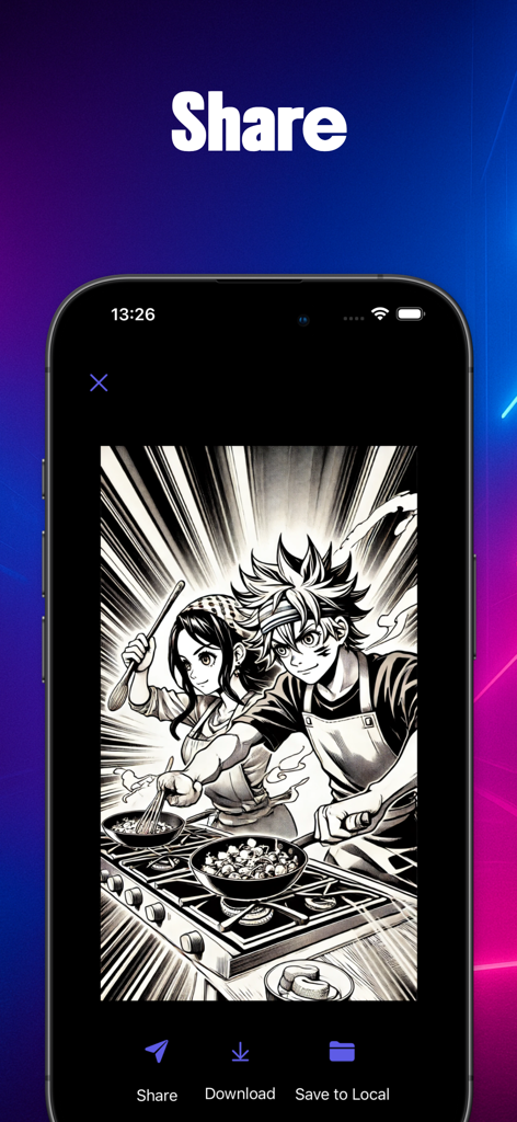 AI Anime Art Generator Villor - Interface de l'application Villor montrant une illustration manga en noir et blanc de deux personnages anime cuisinant avec des options pour partager et télécharger