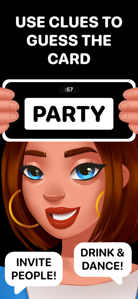 Adult Charades Party Game - Una mujer jugando Charadas para Adultos sosteniendo un teléfono en su frente con la palabra fiesta mostrada.