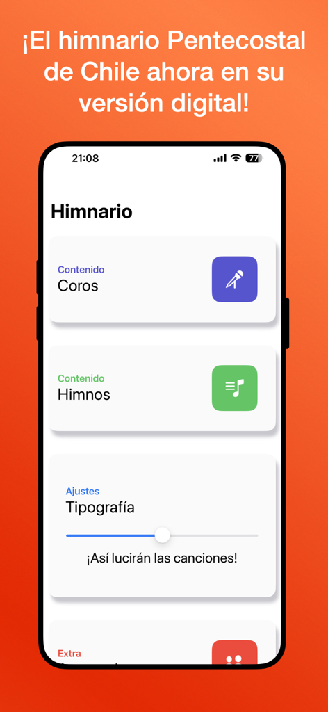 Himnario Pentecostal - Versión digital de la aplicación del himnario pentecostal chileno que muestra la navegación principal y los controles de tamaño de fuente