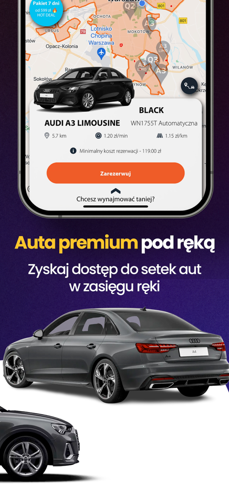 4mobility - wynajem samochodów - 바르샤바 지도에서 렌탈 가능한 프리미엄 아우디 A3 리무진을 보여주는 4mobility 모바일 앱 인터페이스.