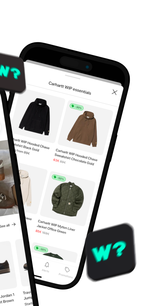 WhenToCop app displaying discounted Carhartt WIP streetwear items
