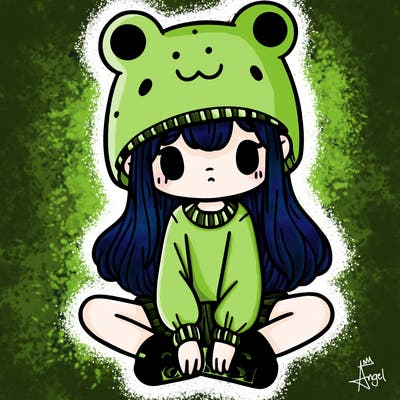 a girl wearing a frog hat and some frog socks