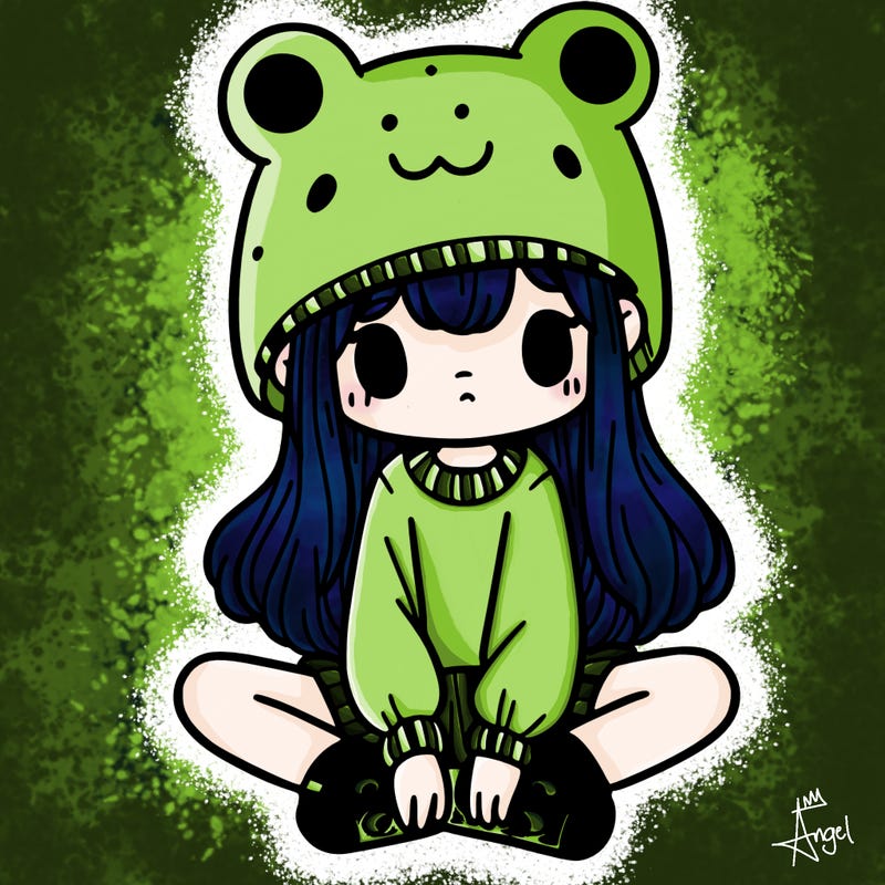 a girl wearing a frog hat and some frog socks