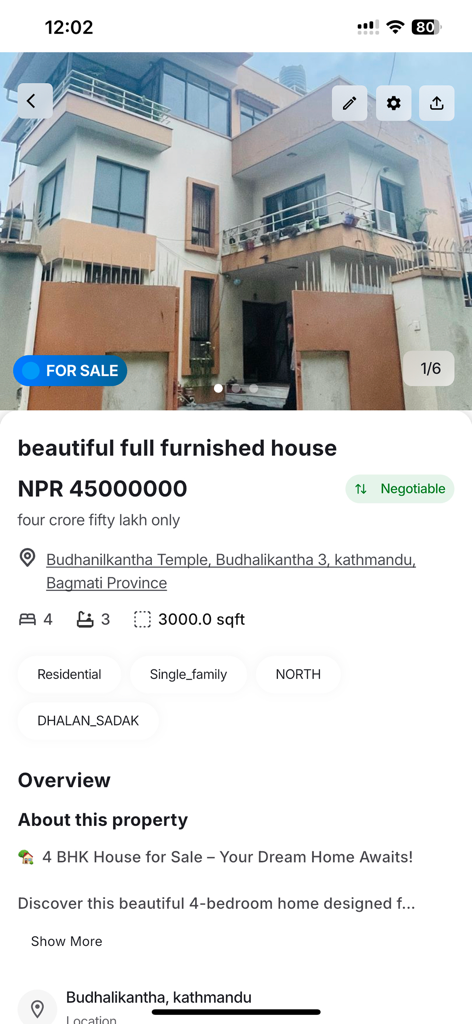 Nepal Niwas - A property listing page in the Nepal Niwas app showing a furnished four bedroom house for sale in Kathmandu