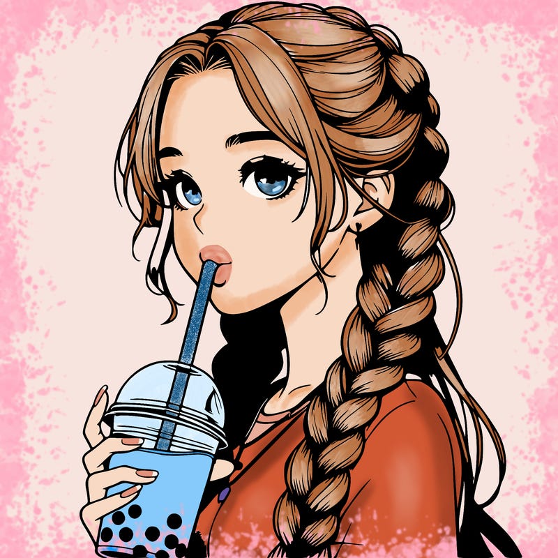 realistic girl with braided hair drinking boba