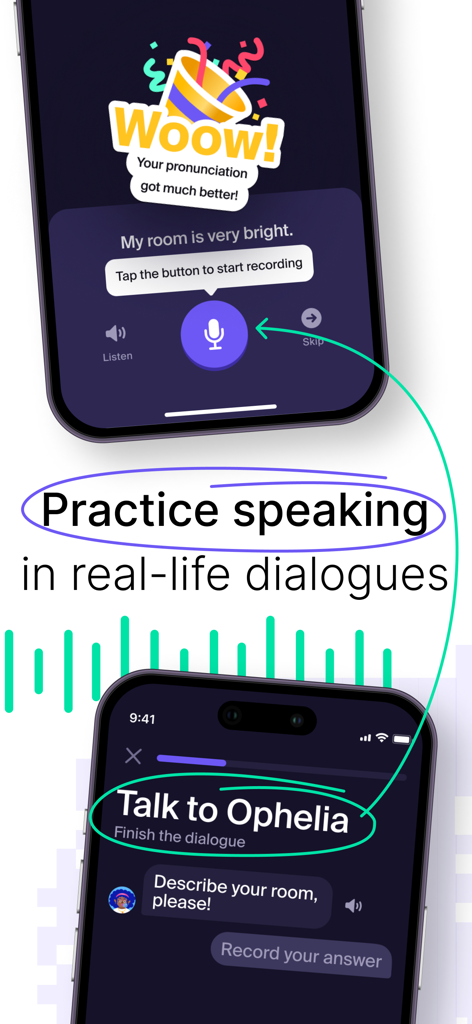 LANG: Learn New Languages - Interface de l'application mobile LANG montrant des leçons de conversation interactives et des exercices de dialogue de la vie réelle avec un personnage.