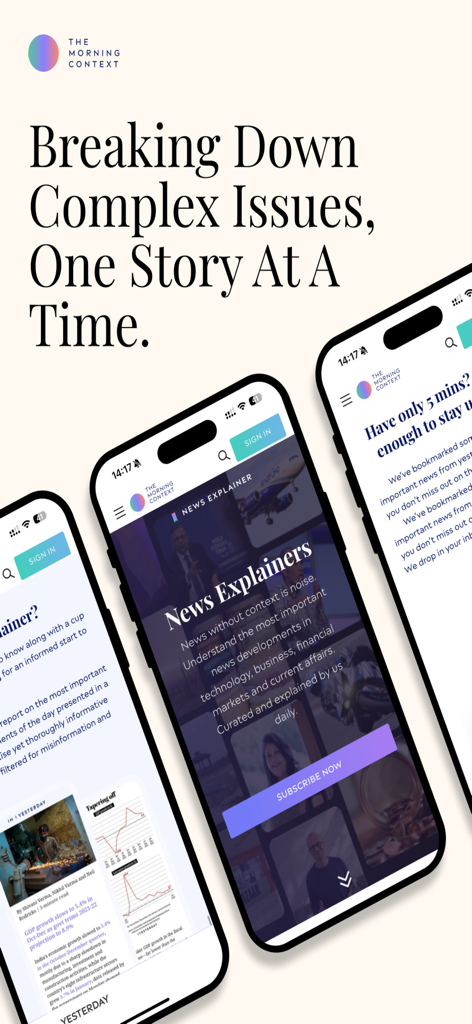 The Morning Context mobile app interface on iPhones showing news explainers and curated business analysis