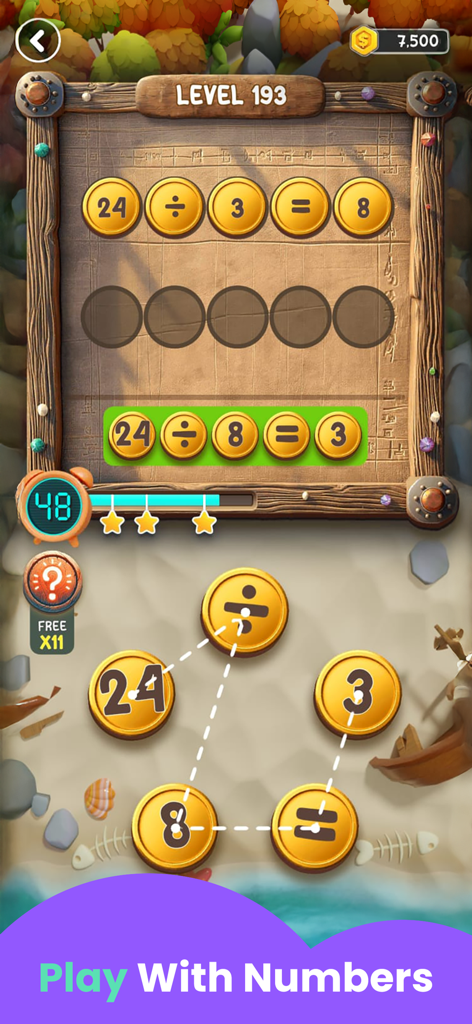 Math Puzzle Games for Kids - Educational math puzzle game for kids showing a division level with gold number coins