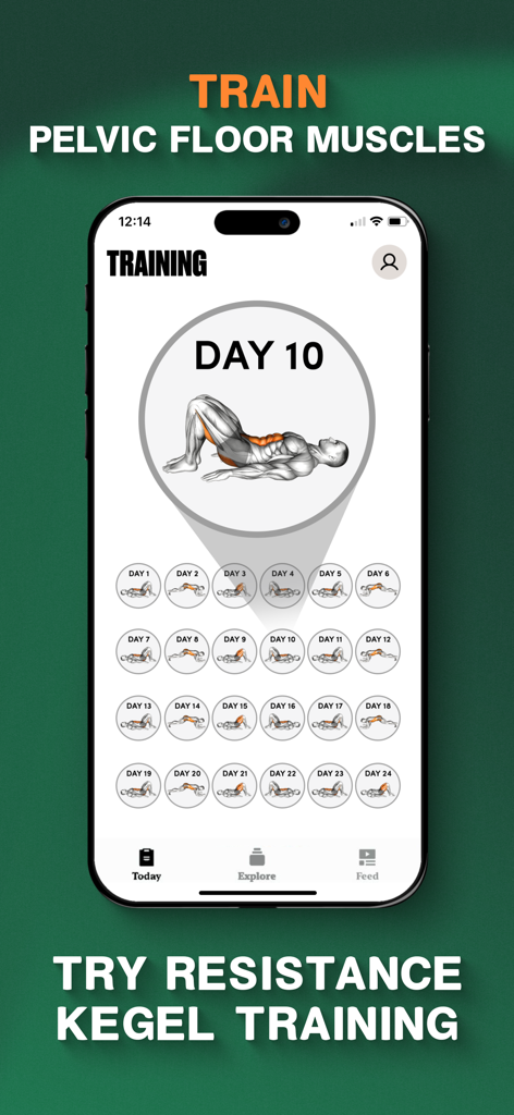 The Coach: Mens Health & Kegel - Una interfaz de aplicación móvil que muestra un plan de entrenamiento de músculos del suelo pélvico para hombres con un rastreador de progreso diario e ilustración de ejercicios.