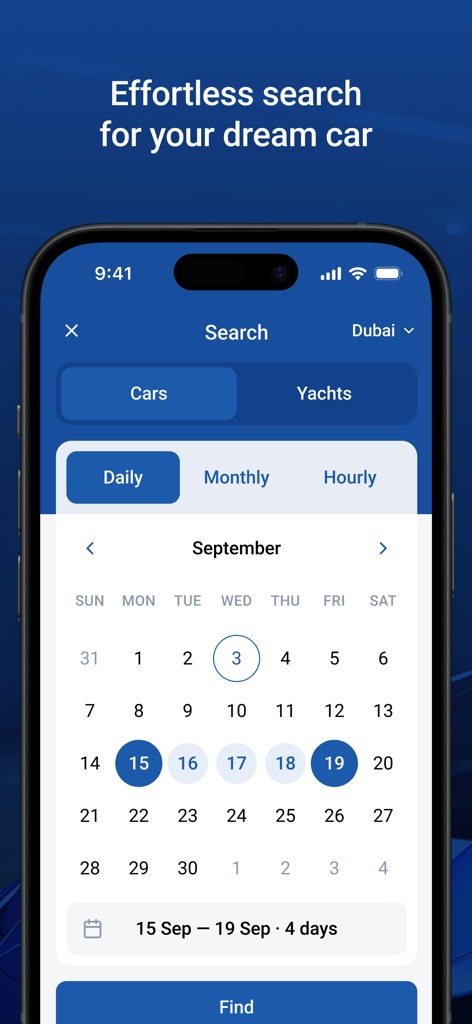 Renty app interface for searching and booking car or yacht rentals in Dubai with a calendar view.