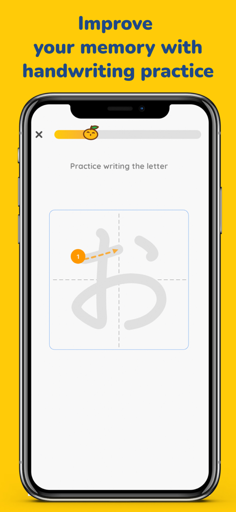 Handwriting practice for the Japanese character o in the MochiKana app