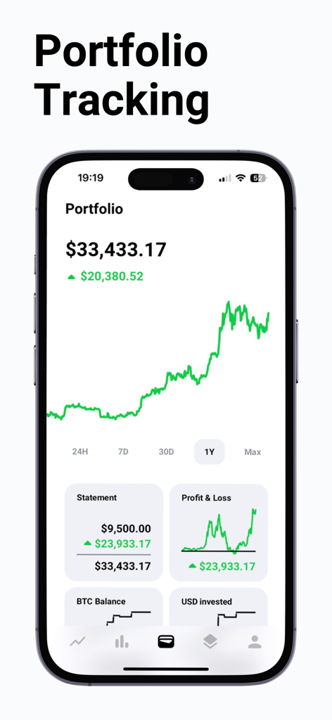 iPhone screen showing a Bitcoin portfolio dashboard with price charts and profit and loss statistics