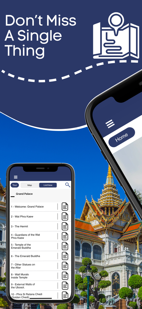 The Grand Palace Bangkok Guide - Smartphone mostrando la aplicación guía del Gran Palacio con una lista de varios sitios históricos.