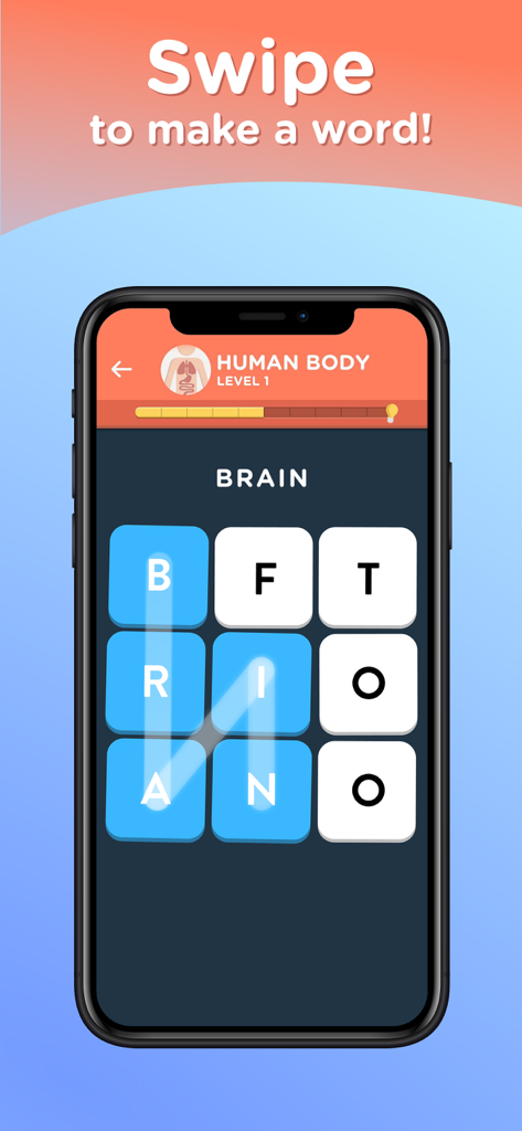 WordBrain 2: Fun word search! - Interface de l'application mobile WordBrain 2 montrant un joueur faisant glisser le mot BRAIN sur une grille de lettres.