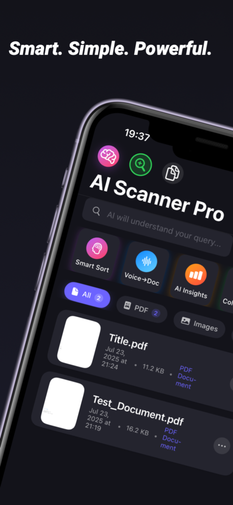 Scanly - AI Scanner Pro Scan - Scanly AI Scanner Pro App-Dashboard mit Smart Sort und Voice to Doc-Tools