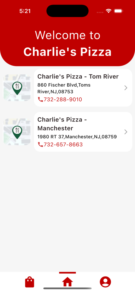 Charlie's PIZZA Restaurant - Welcome screen of the Charlie's Pizza app displaying restaurant locations in Toms River and Manchester