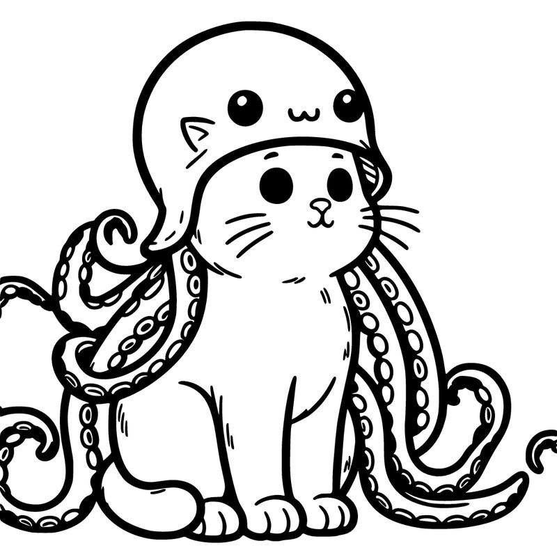 cat sitting down wearing an octopus hat with the octopus tentacles falling on the side of it’s body