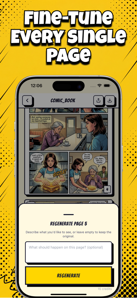 A smartphone screen showing the Comikaze app interface where a user can regenerate a specific comic page using a prompt.