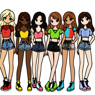 a group of girls wearing crop tops and shorts