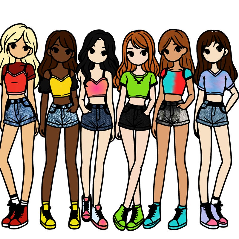 a group of girls wearing crop tops and shorts